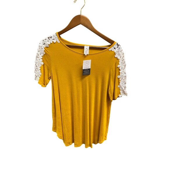 Mustard Yellow Lace Shoulder Womens T-Shirt Top M By 42 Pops - Picture 1 of 4